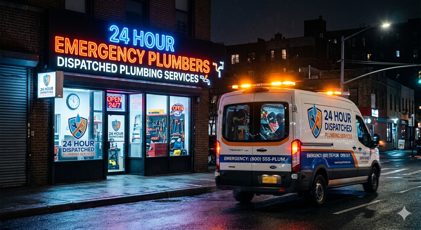 Emergency plumbing vehicle dispatched at night — every call answered, 24/7